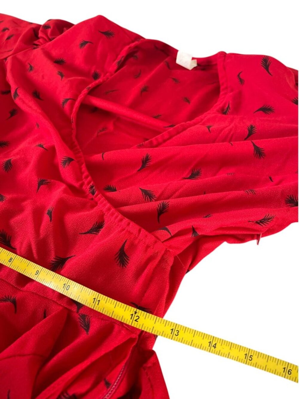 Vintage 80s Red Peplum Midi Dress | Black Leaf Print | Puff Shoulders | S Retro - Picture 6 of 13